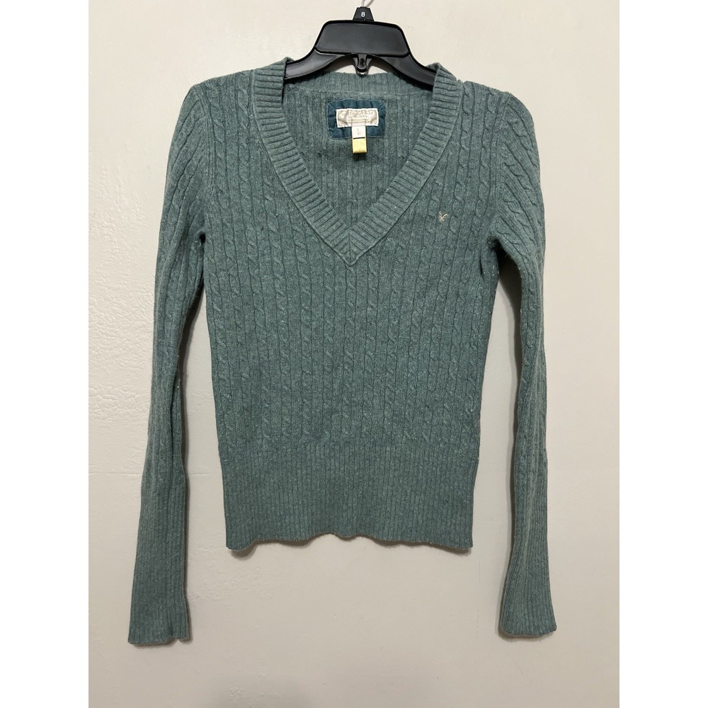 American Eagle Women's Green V-Neck Sweater Juniors Size L Pull Over 2000s‎ Y2K